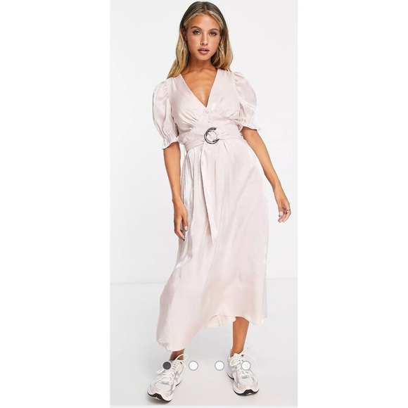 ASOS River Island belted midi dress with puff sleeves in light pink - Picture 1 of 5